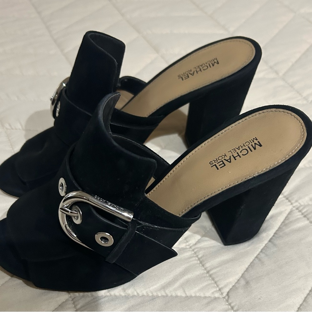 Michael Kors Black Mules with Silver Buckle